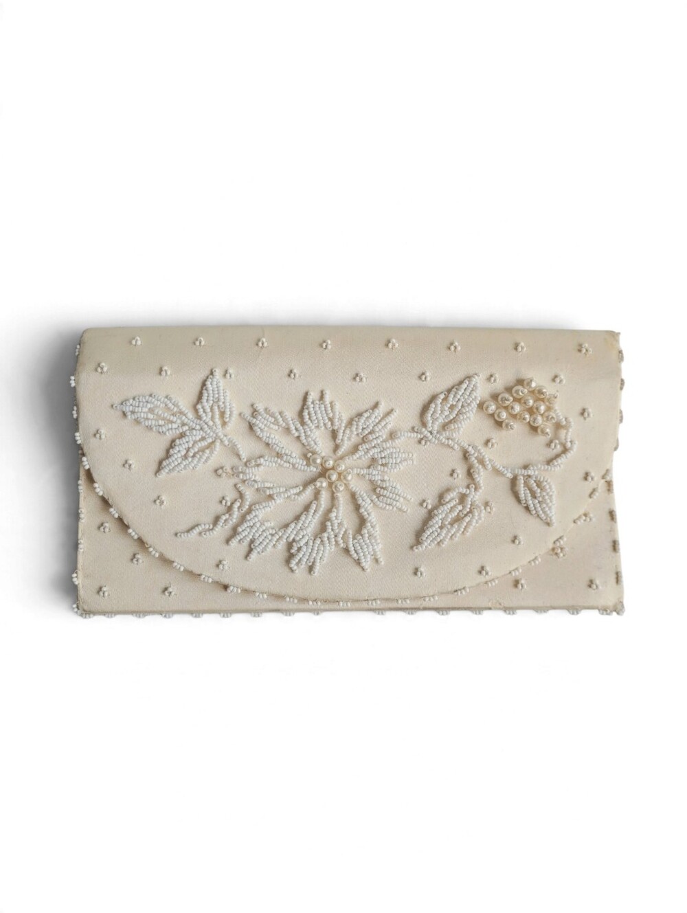 Vintage Beaded Floral Clutch Cream And White